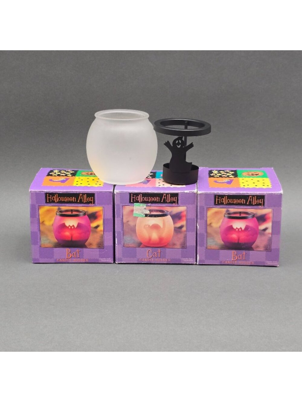 Vintage Halloween Alley Frosted Glass Candle Holder Set Bat Cat Ghost Set of 4